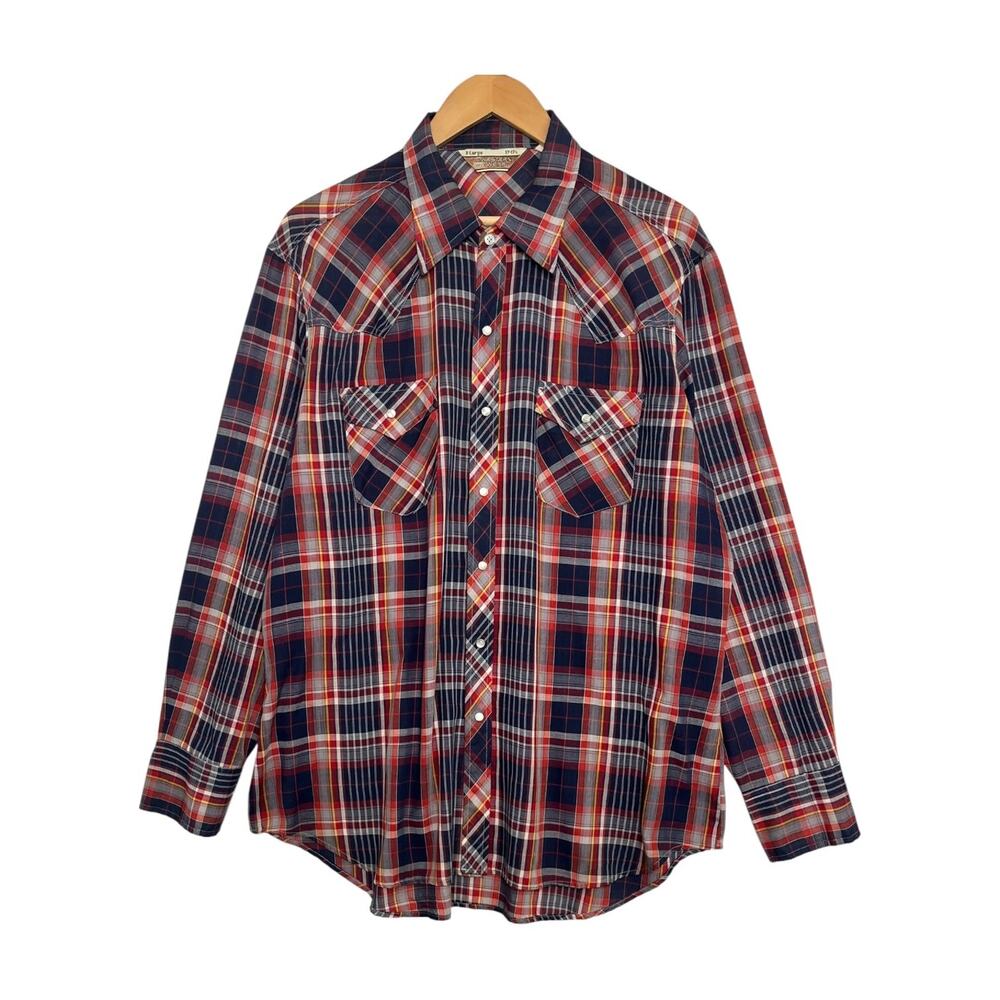 Vintage Sears Western Wear Shirt Mens X Large Red Plaid Pearl Snap Cowboy 80s